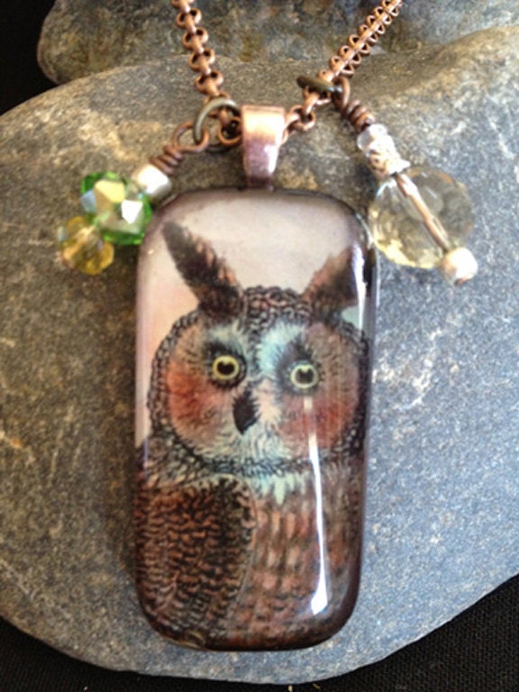 Big Eared Owl glass tile pendant necklace