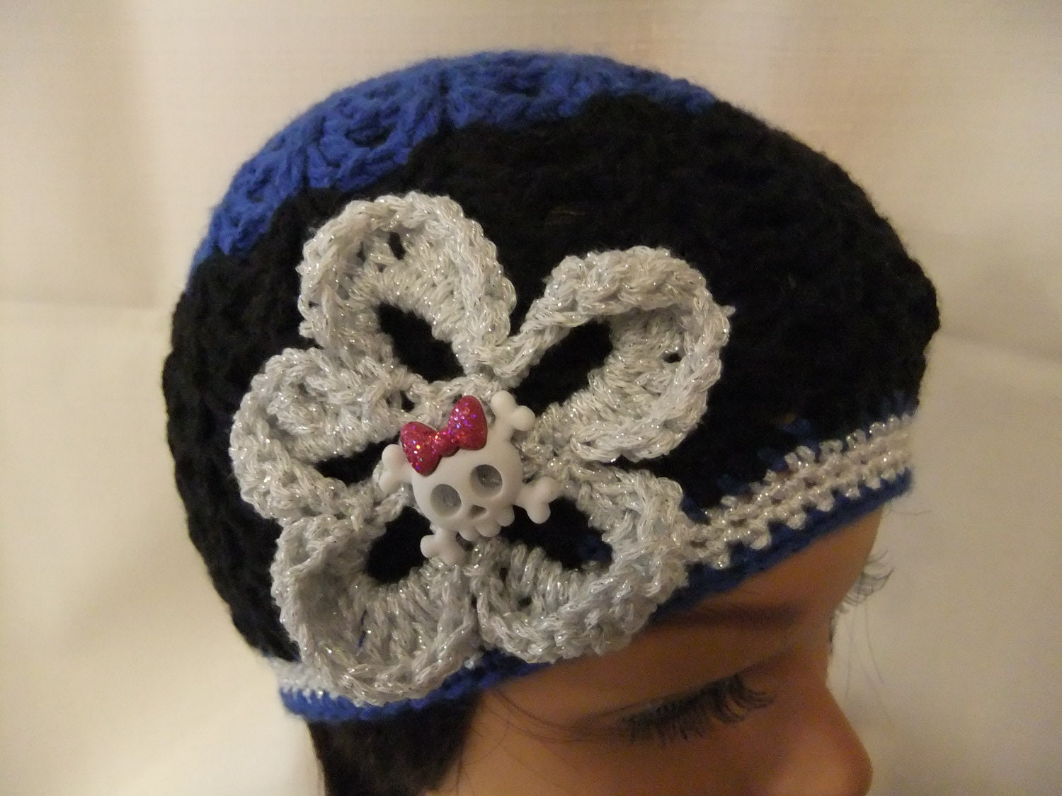 Handmade Hand Crocheted Girl Beanie Skull Hat Handmade Child Teen Hat Accessory Blue Black Flower Skull Button