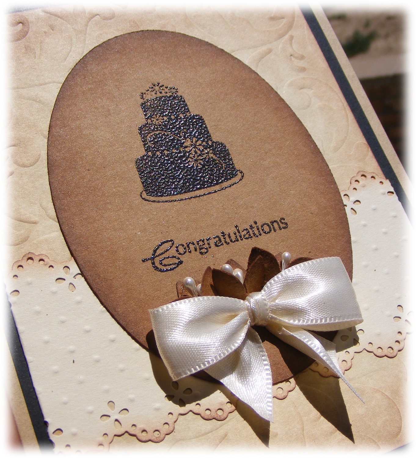 Handmade Beautiful vintage rustic Wedding Congratulations Card with 3D flowers and bow