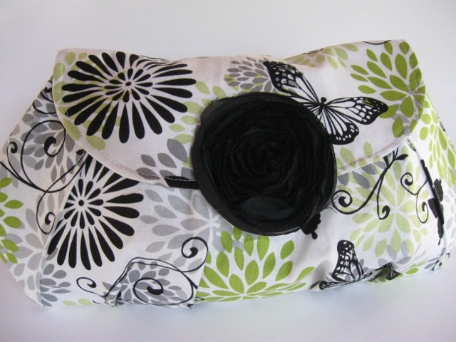 Floral Pleated Clutch - Handmade - Green, Gray & Black with Butterflies
