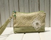 Earthy Green Wristlet Bag Purse Camera Bag Flowers Blue Glass Charm Handmade