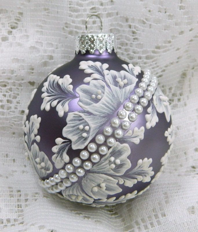 Soft Smoked Purple MUD Ornament with Flowers and Pearl Banding