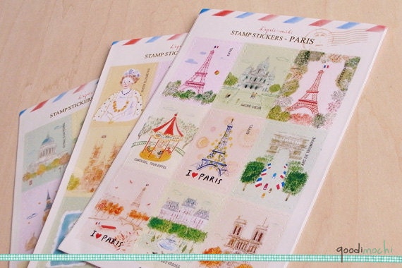 London, Paris & Royal Family Illustration Stamp Sticker Set - 3 Sheets, 27 Pcs - Queen Elizabeth, Prince William, Westminster, Eiffle