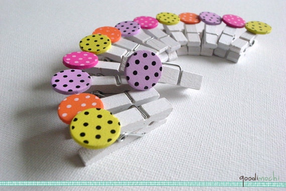 Polka Dots Wooden Mini Clothespins . Mini Pegs // Wedding, Birthday, Party, Scrapbook, Gift Decoration, Bunting // Set of 14 in 4 Colors