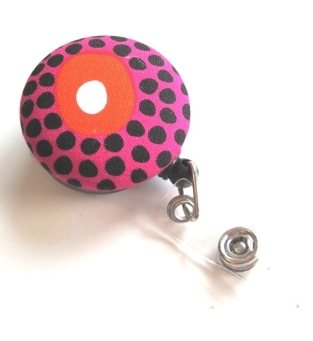 Retractable ID BADGE Reel Holder, Lanyard-Cute Pink Black Flower Bullseye