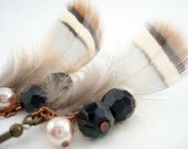 Natural Grey Feather Earrings - Black Pink Beads - Original Jewelry