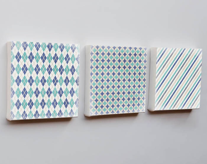 Art Canvas 6x6 - set of three 3 geometric pattern canvas prints blue green turquoise stripes argyle