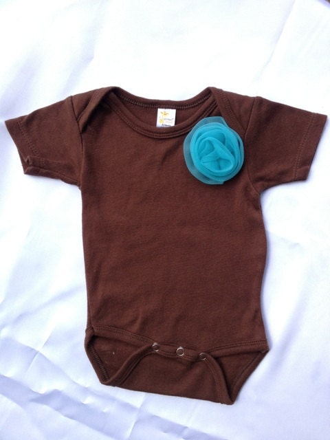 Chocolate Short Sleeved Bodysuit with Turquoise Chiffon Rosette