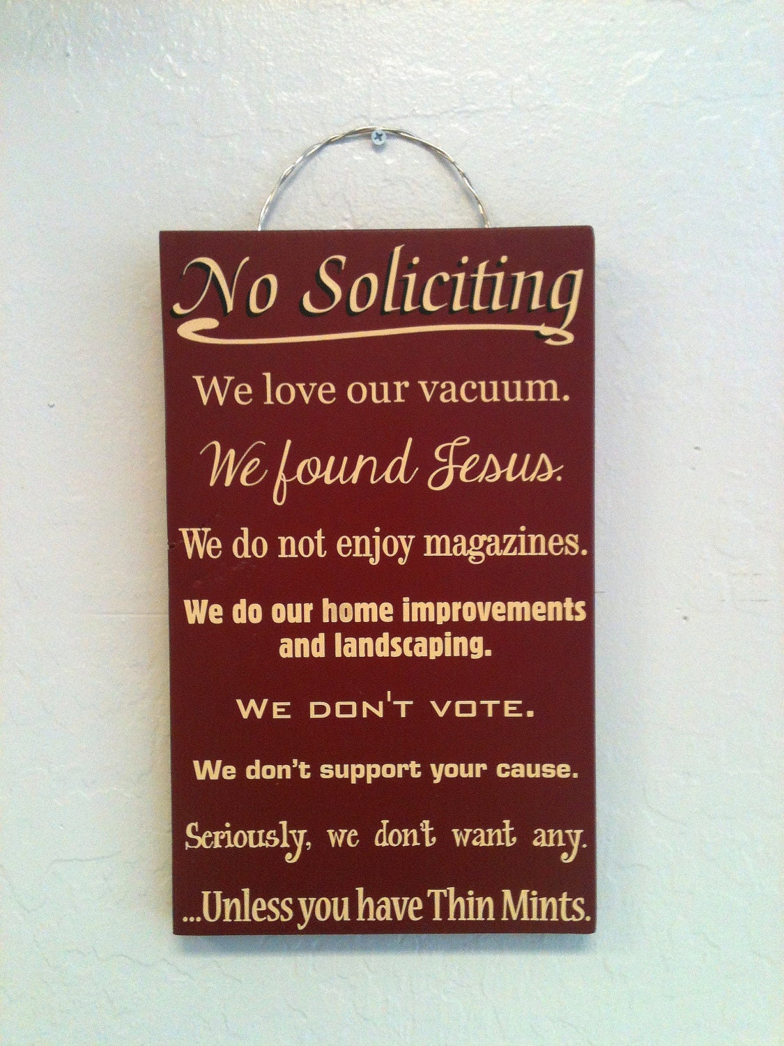 7.25" x 11.5" No Soliciting Wood Sign - Maroon