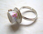 Alice in Wonderland Floral Teacup Ring, Tea cup, Retro,Flower, Silver, Adjustable, Miniature