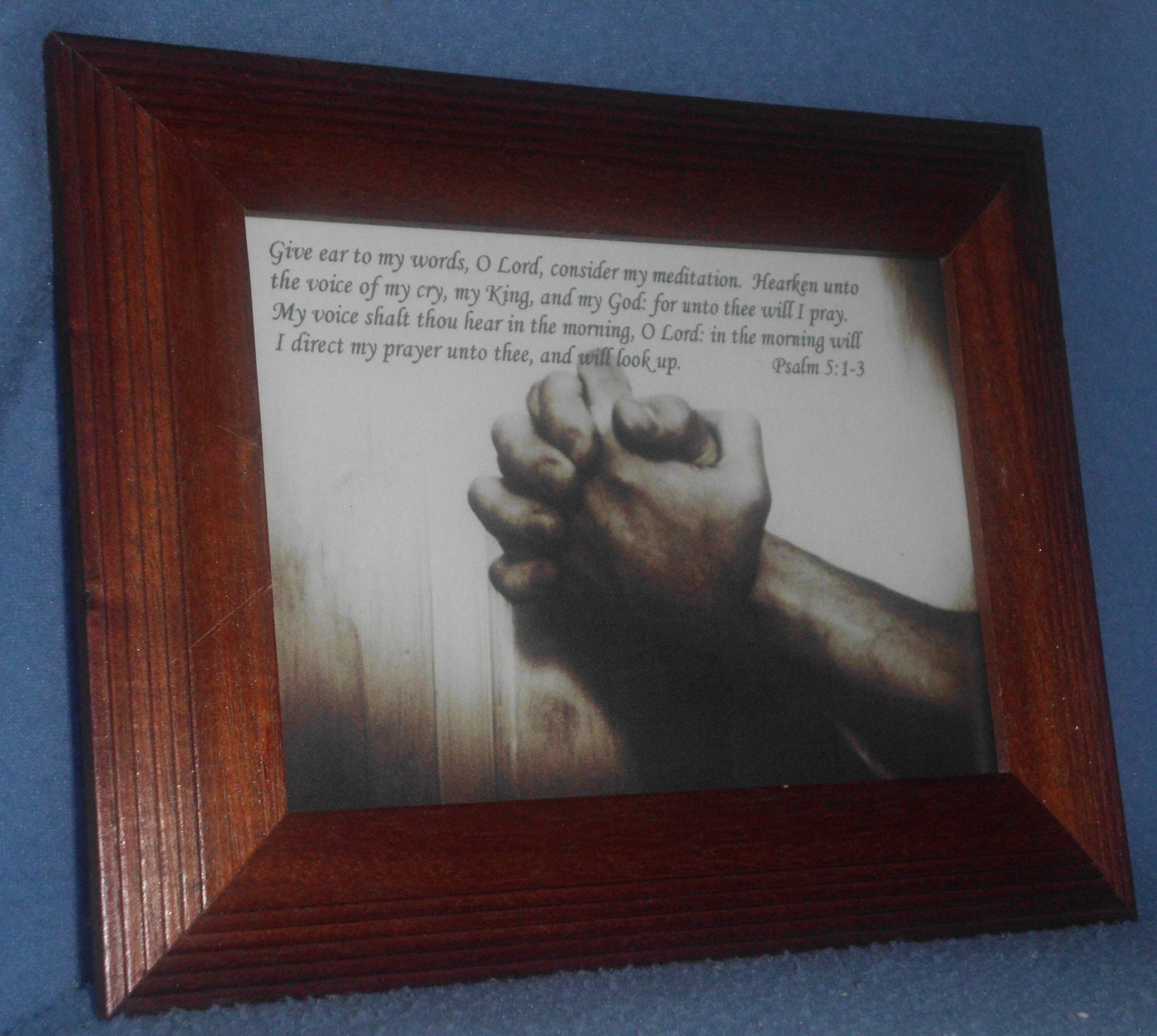 Praying Hands Psalm 5:1-3-original Christian print with wood frame-wall hanging or table setting-wall decor for home decor
