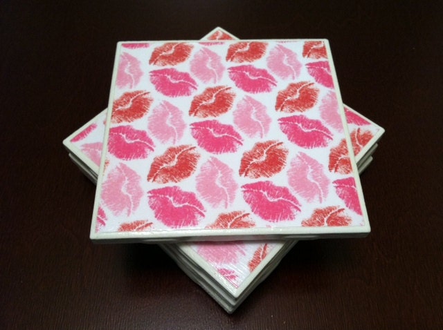 Ceramic Tile Coaster Set: Pink and Red Kisses (Set of 4)