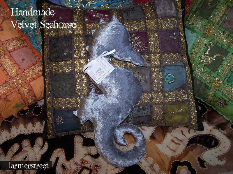 Handmade Velvet Seahorse in soft SILVER. Bed and lounge decoration. Safe for Babies & Children.