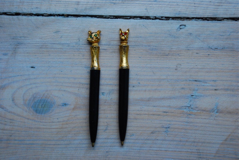 Vintage 1950s Cat And Dog Miniature Pen Set With Rhinestone Eyes