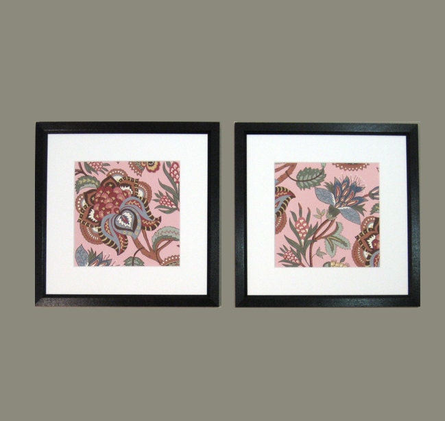 8 x 8 Art Print Set of 2,  Jacobean Textile Design, Rose Set 1, with 12 x 12 mats