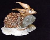 Brown Polymer Clay Dragon OOAK Figure with Opal, Gold, Quartz