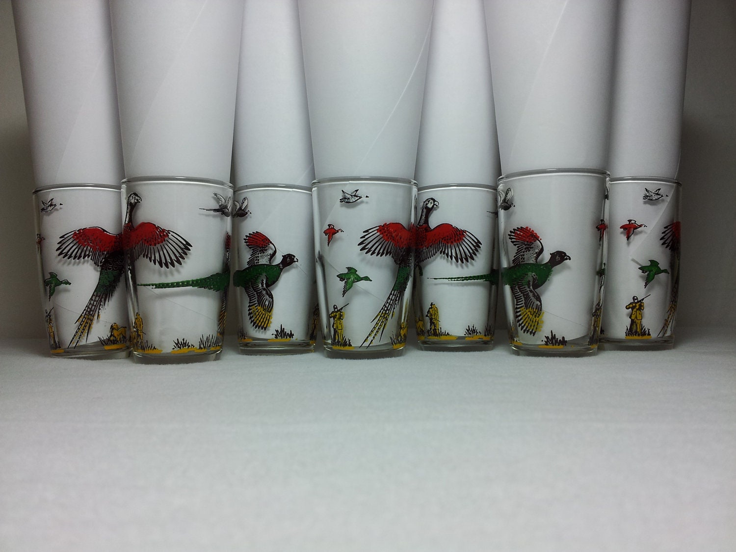 Set of 7 Pheasant Hunting Theme Juice Glasses