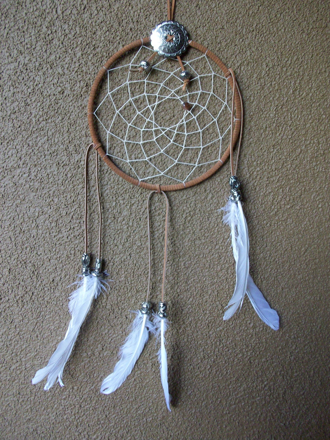 Fantastic Brown / Tan Sweet Dreams Suede Dream Catcher w/ silver beads (8in ring 23in length)