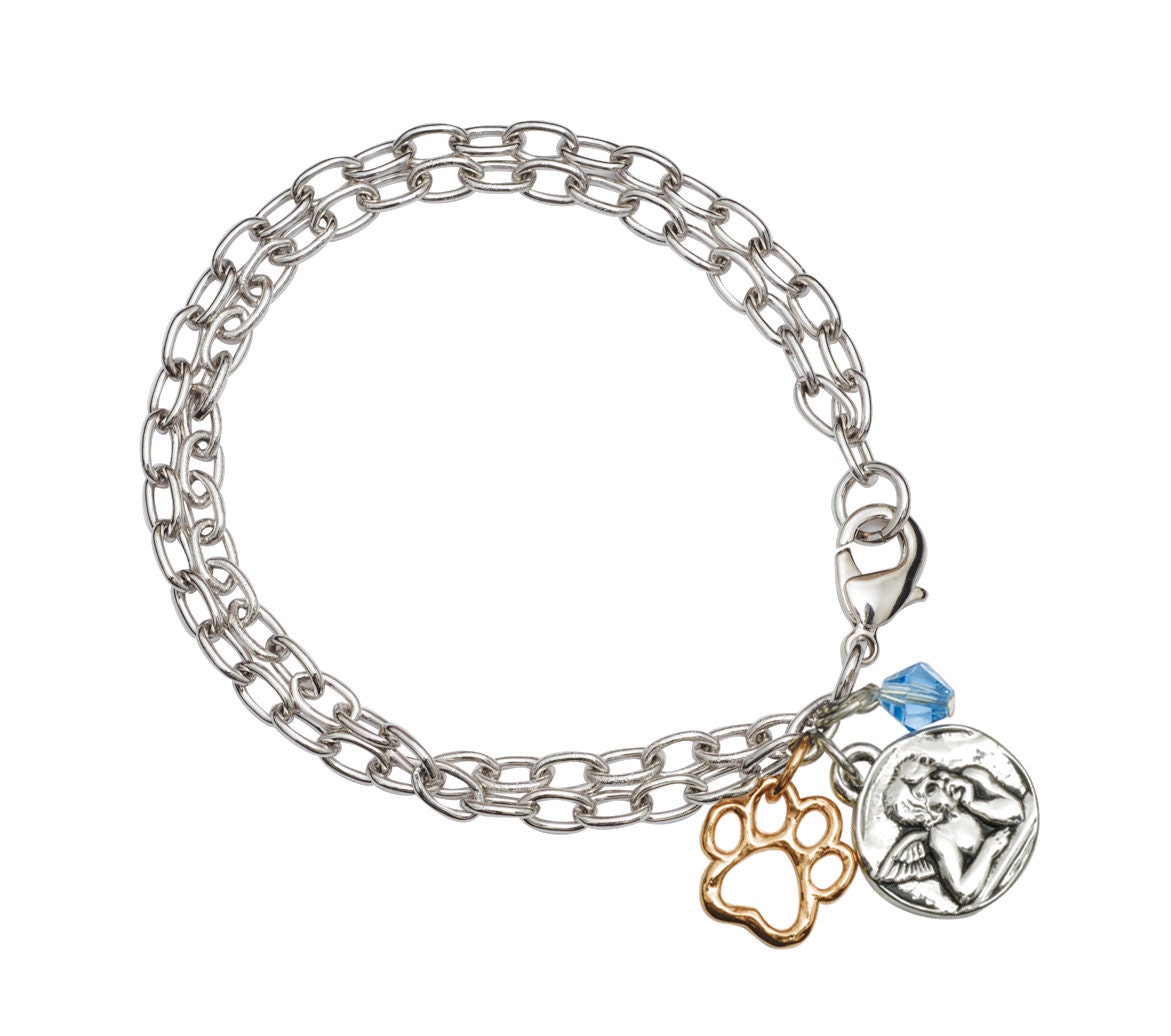 Rhodium/Gold Plated Guardian Angel Charm Bracelet - With Paw and Crystal