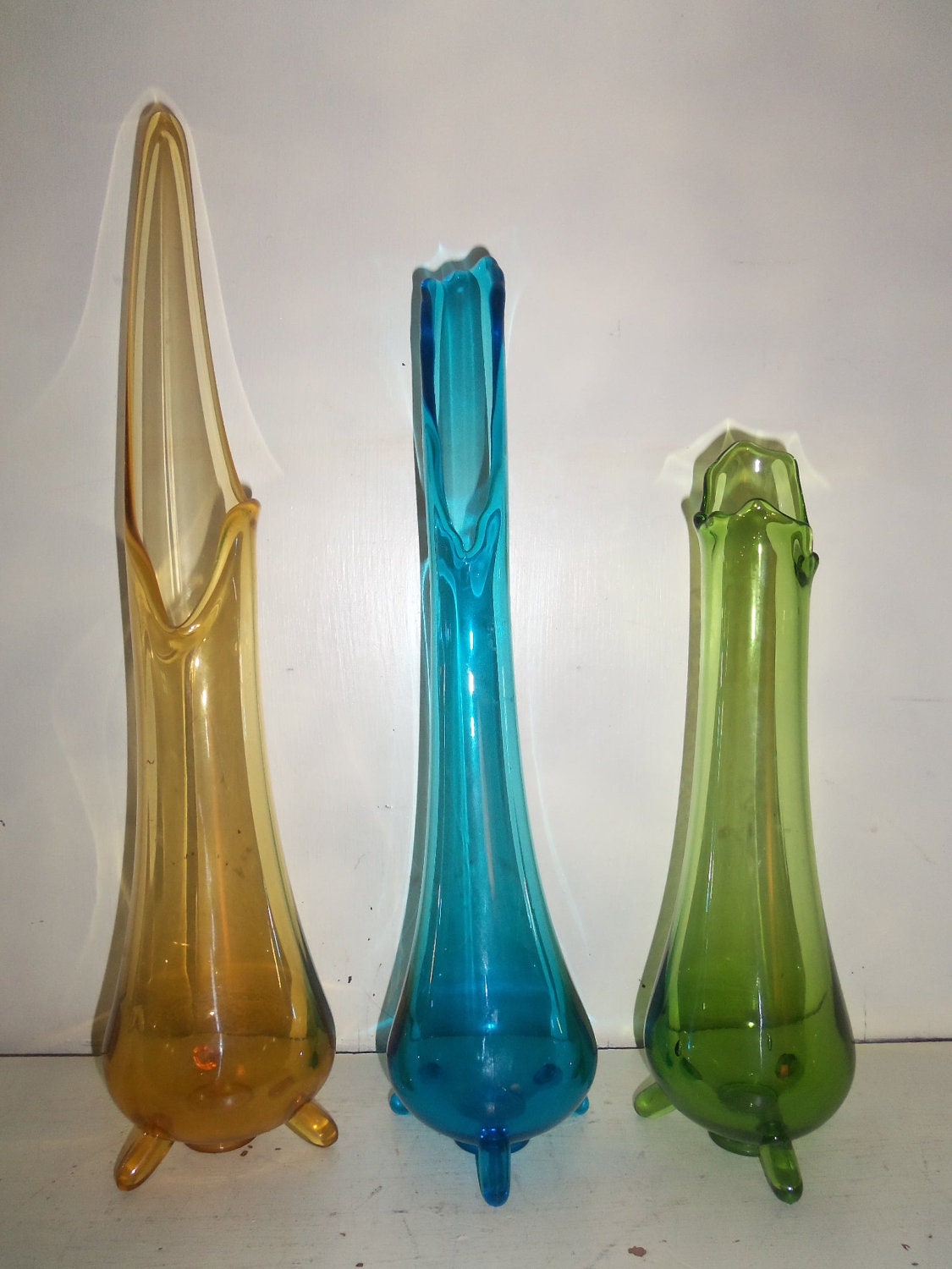 3 Vintage Viking Glass Epic 3Toed Bud Vases Green by