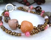 Chocolate Brown Peach Coral Pink Orange Wood Glass Shell Clay Freshwater Pearl Double Strand Glass Bead Silver Toggle Clap Bracelet