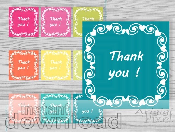 thank you, printable squares, wreath, hearts ans swirls, summer collors, round labels, multicolores, instant download Il_570xn