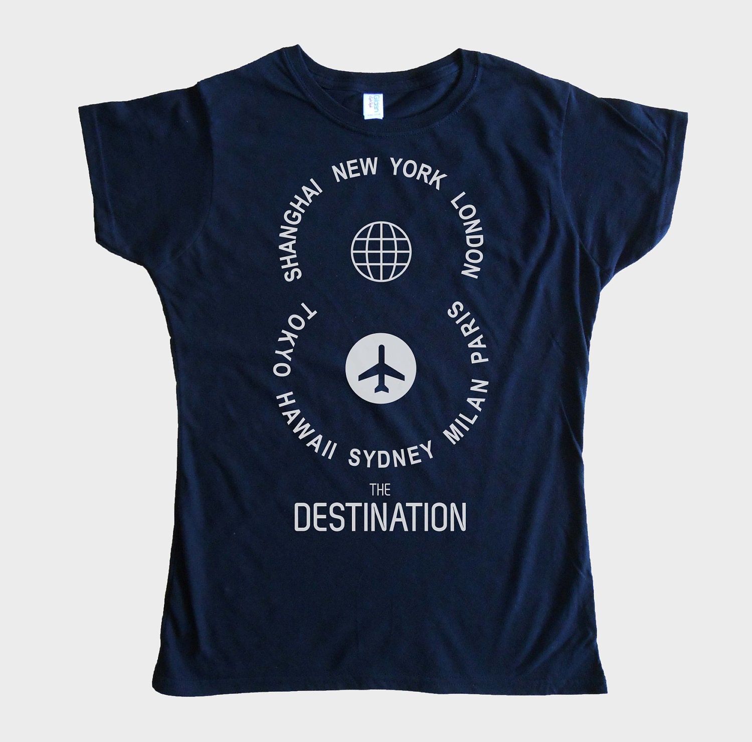 SALE - 8 Destination- Womens Tshirt- Navy color - Sizes-S, M, L, XL-Slim fit - Hand Screen Printed Tee
