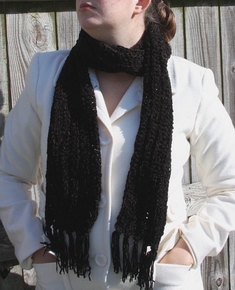Black Chenille Handmade Crochet Scarf Ready to Ship