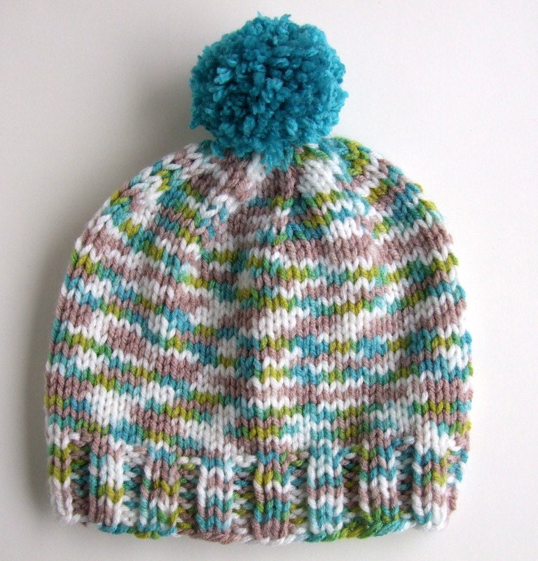 Knit Baby Boy Toque With Pom Pom Hand Knitted Baby Girl Beanie Blue Green White Baby Hat