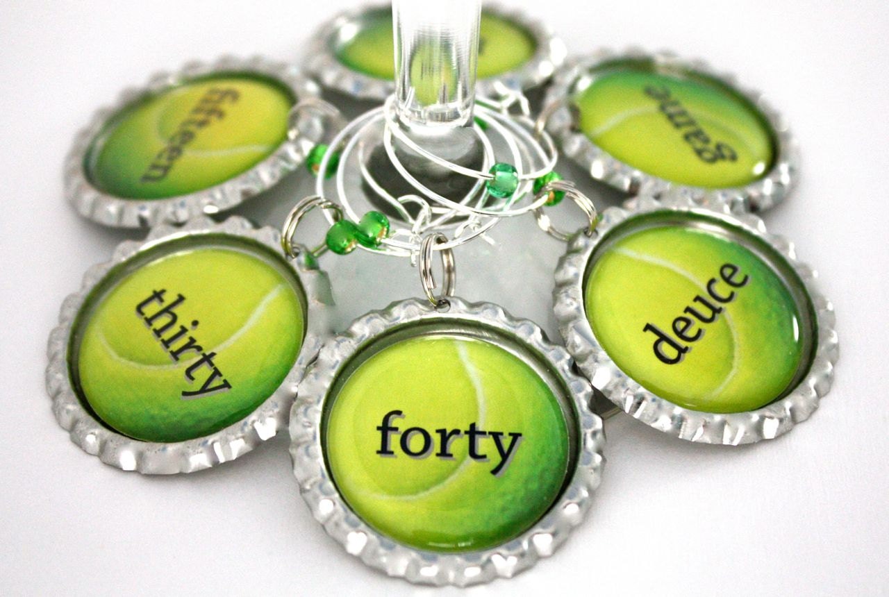 Tennis team party favors wine charms custom tennis ball drink tags. Set of 8.