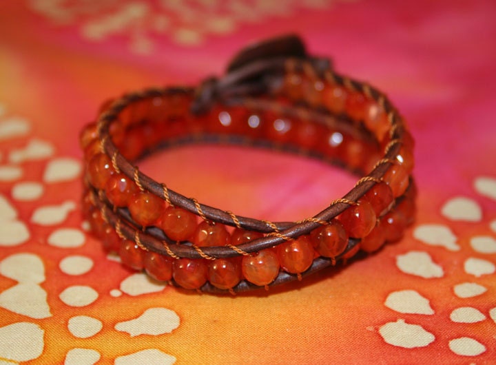 Compassionate Creativity Leather Wrap Bracelet /  Faceted Carnelian Gemstone Boho Bracelet with a Copper Button