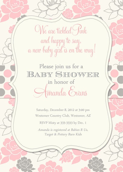 Girl Baby Shower Invitation Pink and Grey Floral Polka Dots - Printable Il_170x135