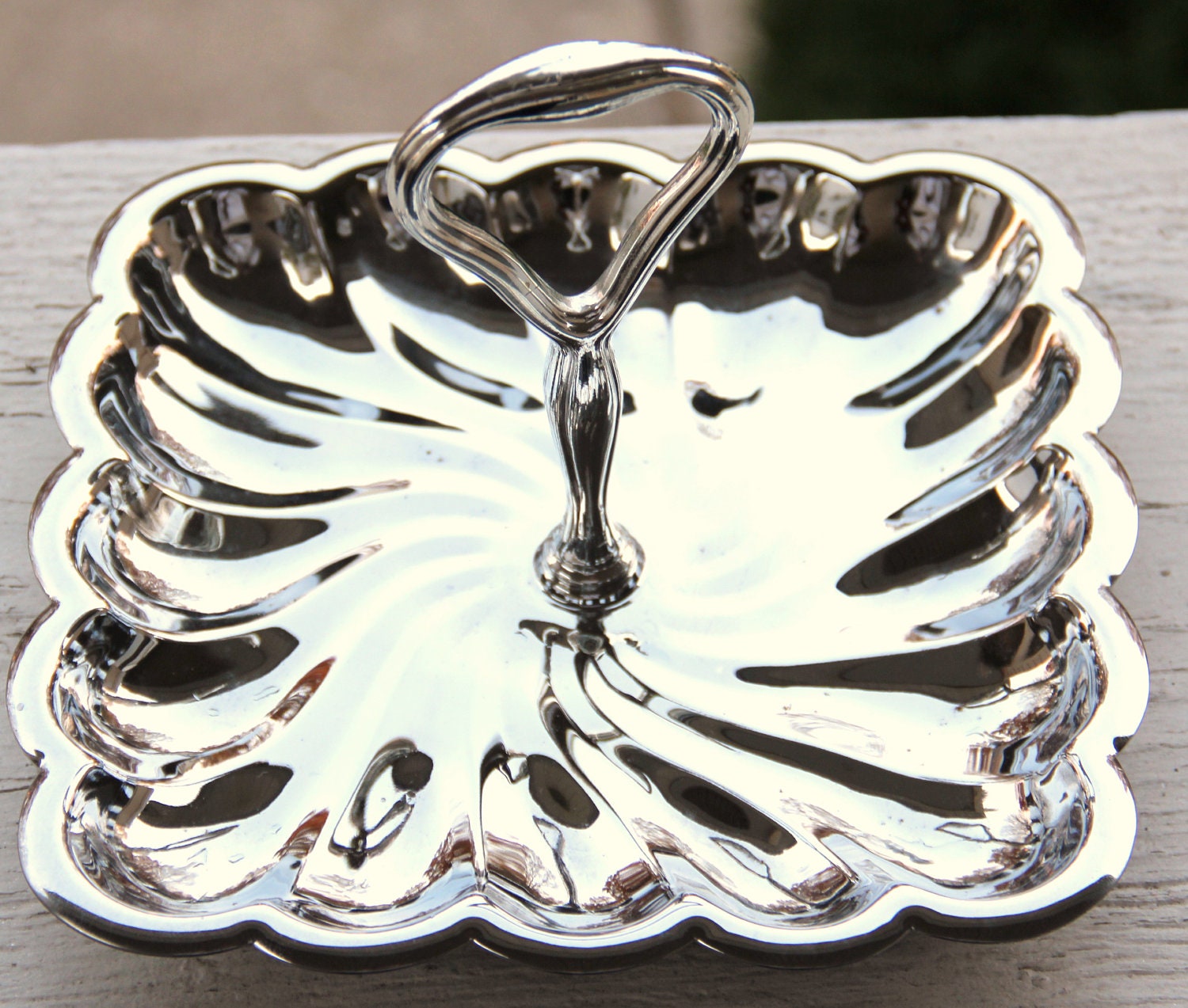 Vintage silver swirl candy dish serving tray with handle