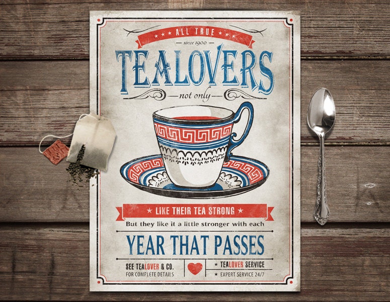 Vintage kitchen art / tea print, retro kitchen art, retro tea print  / "Tea Lovers" / 12"x16"