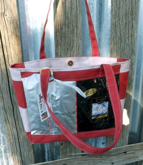 Candy Cane Up Cycled Coffee Bag Purse Back Street Bagel red white