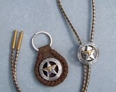 Silver Plated Star & Longhorn Bolo Tie with Brown Leather Key Chain - Excellent Gift Set
