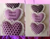 SALE Heart shaped "Home Sweet Home" ornaments,,home decor ,favor ,purple,beige colours ,crochet edge.MOTHERS DAY gift,Set of 3.