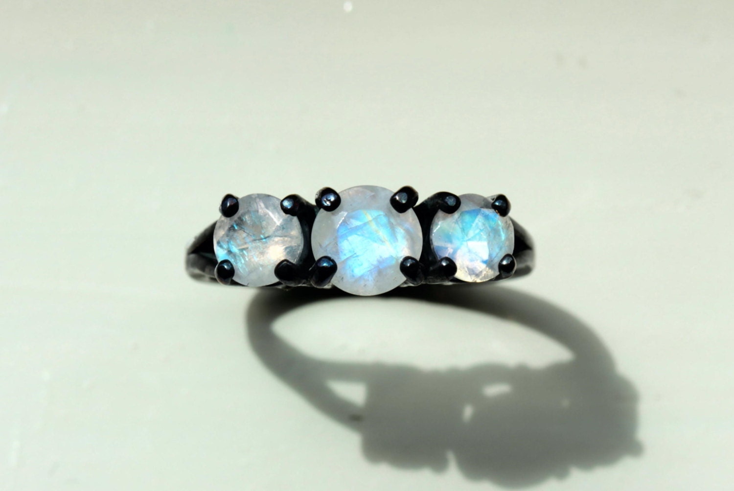 Extremely Fiery Round Cut Moonstone Three Stone Ring in Oxidized Sterling Custom Made in Your Size