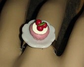 Super Cute Adjustable Mini Food Ring (Pink Cupcake with 3 Cherries on top) Sweets Dessert Kitsch Kawaii Vegan