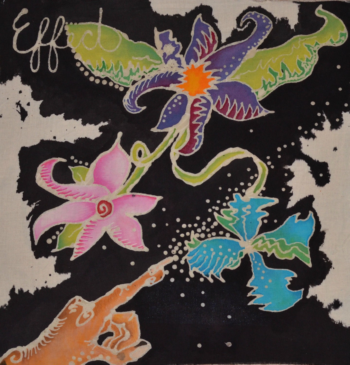 Original Fabric Batik drawing. flowers and hand- the effect of man