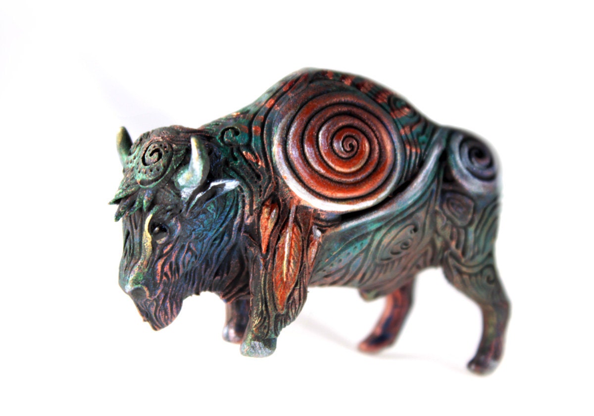 Buffalo bison bull totem figure, native american, dreamcatcher, spiral and svirl, wildlife art, sculpture