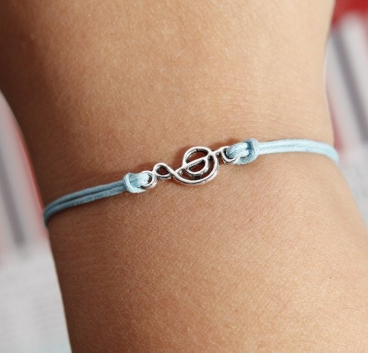 Music notation bracelet-  Silver mini Music notation with  light blue wax cord bracelet,  friendship bracelet best gift