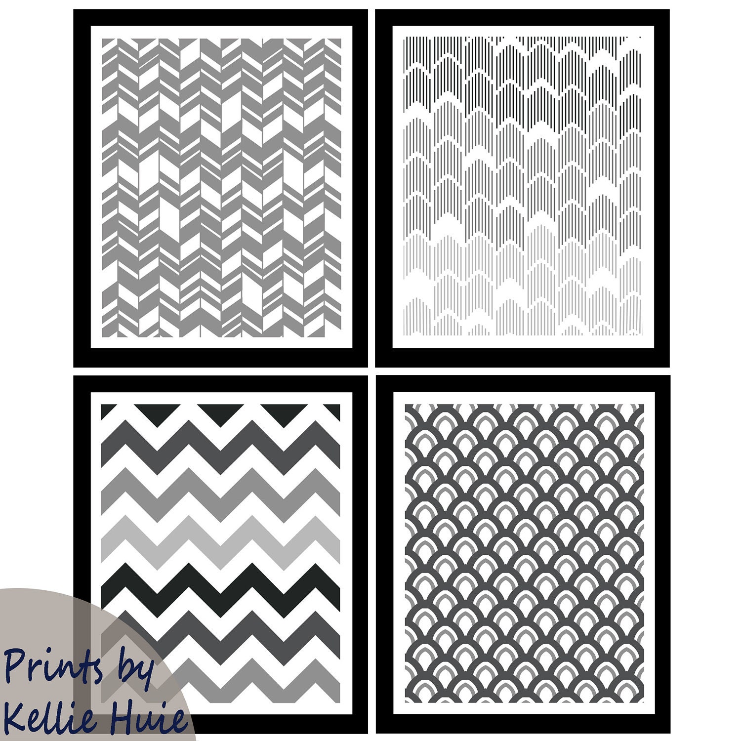 Modern Wall Art / Geo Geometric Chevron Stripes Herringbone Scalloped Urban Ombre / Home Décor / Set of 4 prints / 8 x 10 in