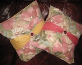 Handmade Peach, Cream, Green, Floral Cotton Cushion Covers With Button Band Detail And Pillow Case Fastening