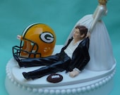 Wedding Cake Topper Green Bay Packers GB Football Themed w/ Cheesehead, Garter, Display Box