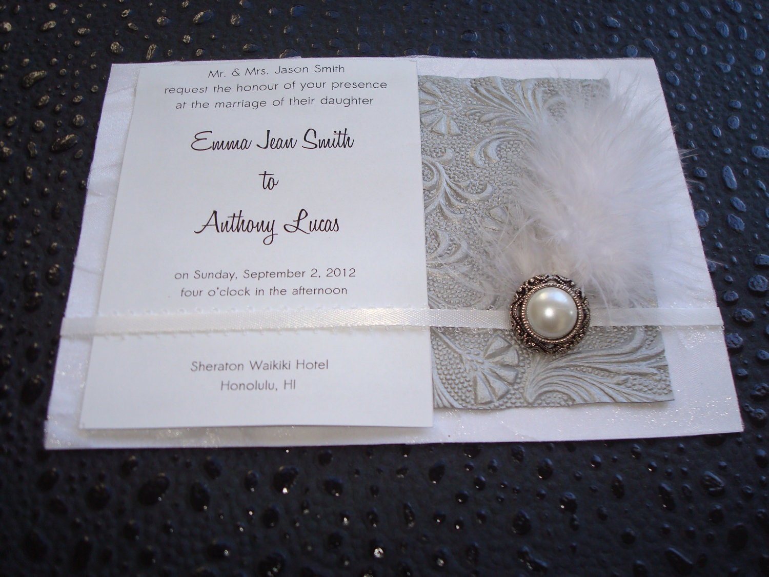 classic- feathered silver and white wedding invitation