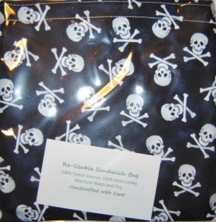 SANDWICH BAG Black White Skull Print Reusable with Nylon Lining