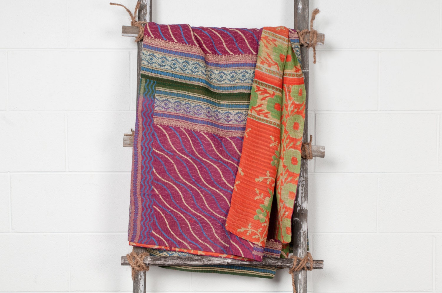 Single or King size Vintage Kantha Quilt - Damson Plum over Persimmon - AnotherWorldTrading
