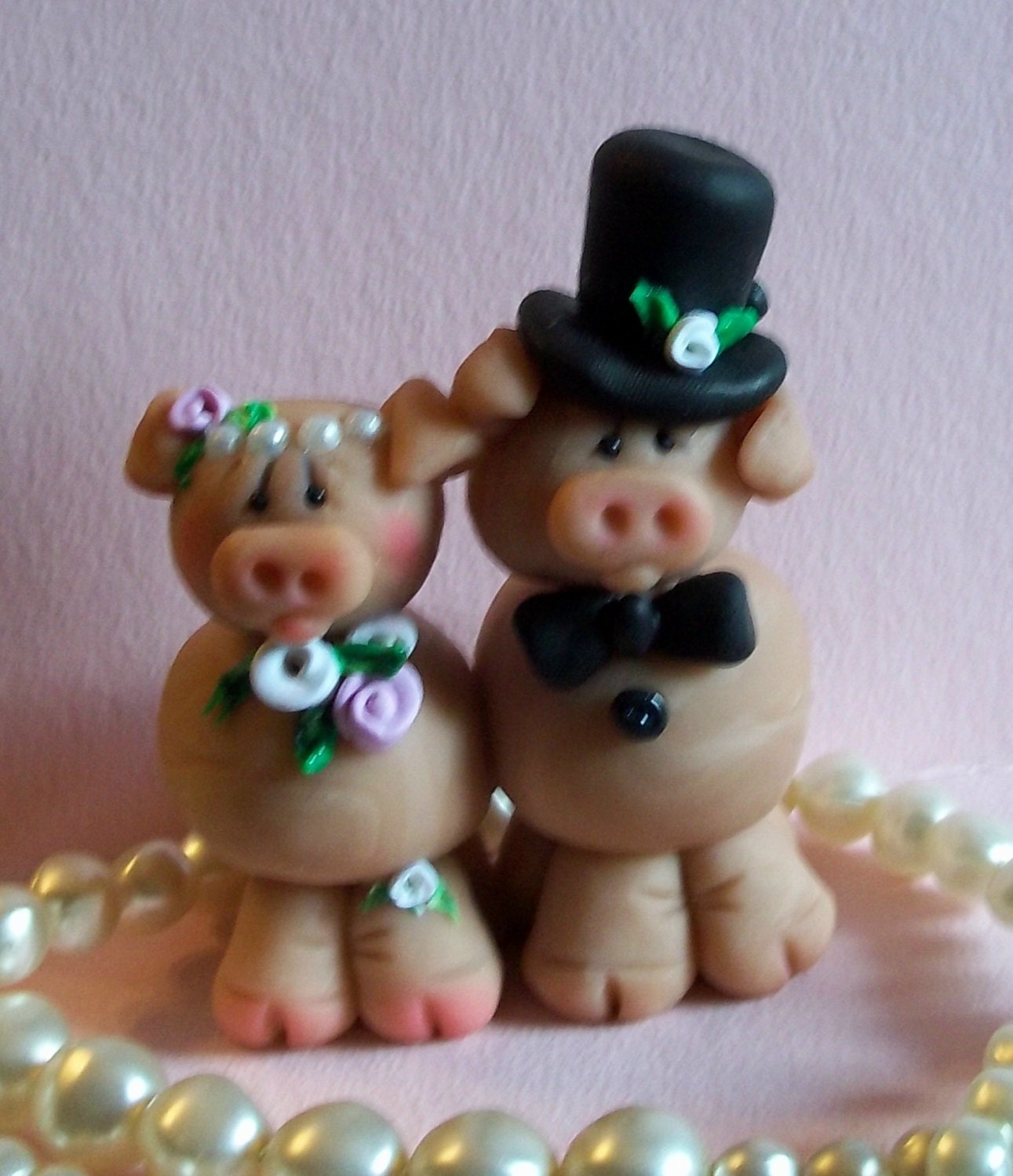 Pig wedding cake topper.  Handmade customized polymer clay wedding cake topper and keepsake