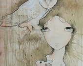 limited edition fine art owl rabbit girl print.  reproduction on wood with resin.  owl rabbit pencil drawing